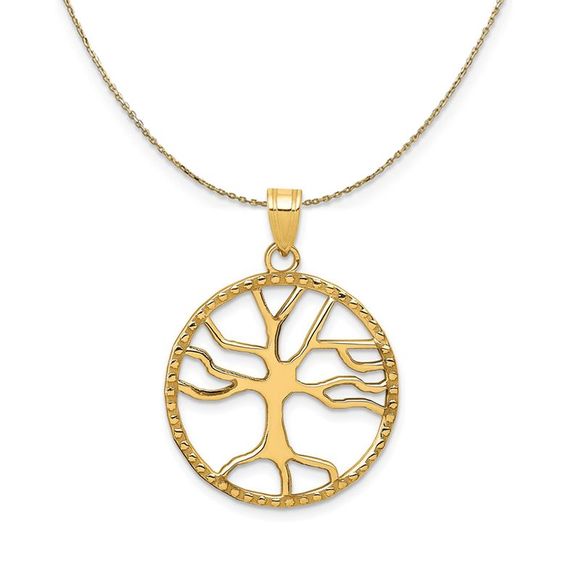 14k Yellow Gold Round Framed Tree of Life Necklace - 16 Inch